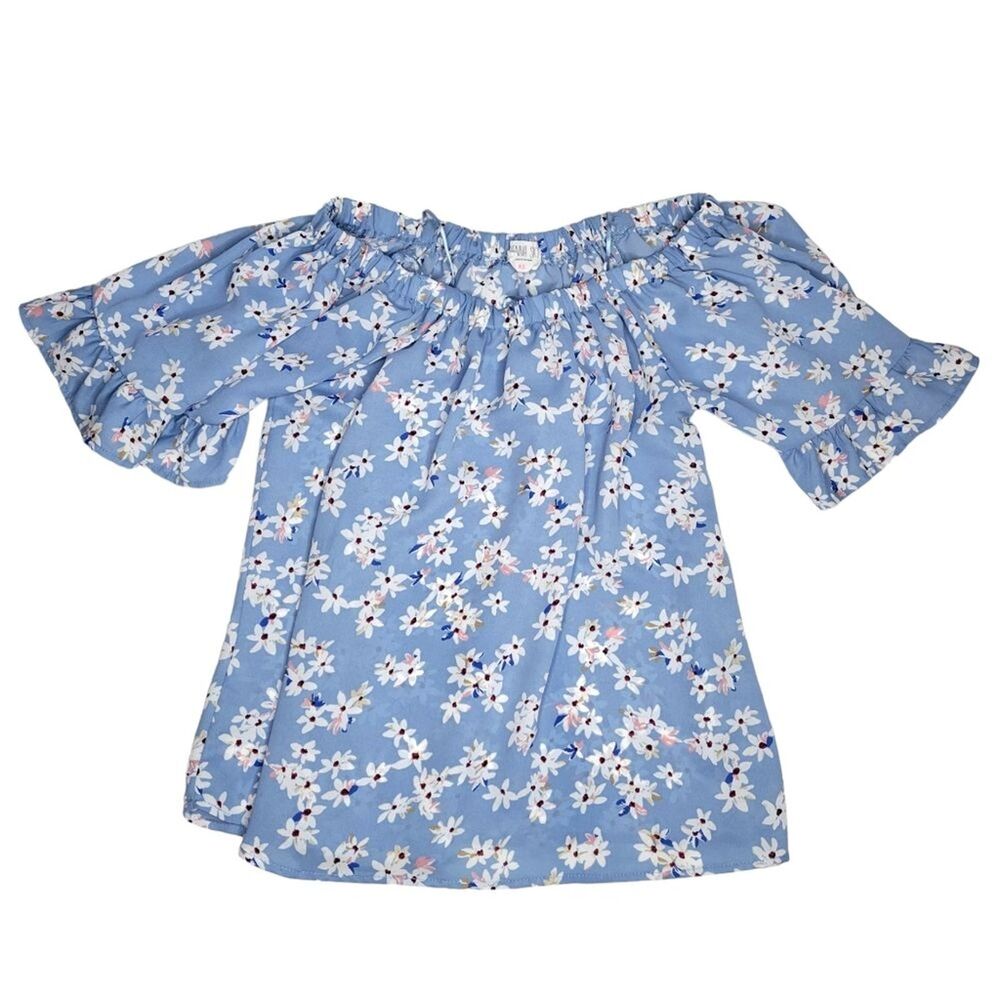 Sienna Sky Blue Blouse Tunic Top Sz XS 3/4 Sleeve Ruffles White Floral Stretchy